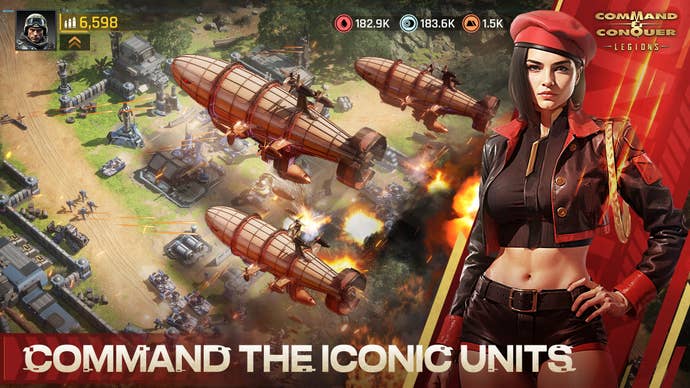 A scantily-clad woman near some blimps in C&C Legions.