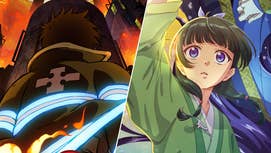 On the left, key art for Fire Force season 3, showing the back of a person with black fluffy hear wearing a fire-person's jacket. On the right, art from The Apothecary Diaries showing a woman with green hair and purple eyes laying next to someone.