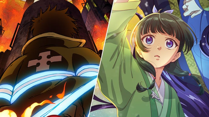 On the left, key art for Fire Force season 3, showing the back of a person with black fluffy hear wearing a fire-person's jacket. On the right, art from The Apothecary Diaries showing a woman with green hair and purple eyes laying next to someone.