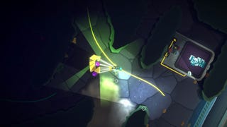 Still from Feed the Deep showing a diver exploring a deepsea cave, some kind of machine with a map on it can be seen.
