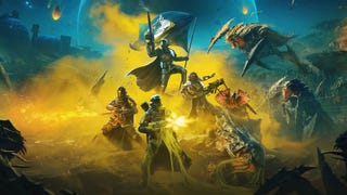 Some helldivers battling aliens while brandishing the Super Earth flag in Helldivers 2.