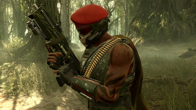 A Helldivers 2 player wearing some Viper Commandos warbond armour.