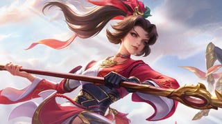 Artwork for the mobile game Honor of Kings, showing a female fantasy-inspired character holding a long weapon.