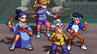 The Karate Kid: Street Rumble, a 16-bit-esque beat-'em-up showing the main cast of characters posed ready to fight.