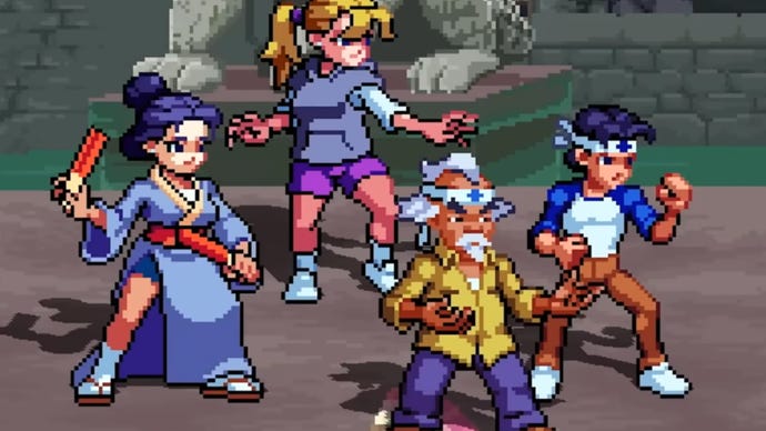 The Karate Kid: Street Rumble, a 16-bit-esque beat-'em-up showing the main cast of characters posed ready to fight.