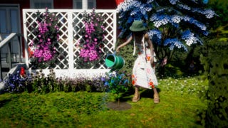 A character wearing a sundress and bucket hat uses a green watering can to water their lawn. A trellis with climbing pink flowers and a blue bush make up the background.
