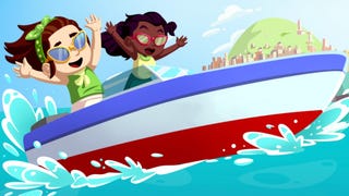 Artwork for the Monopoly Go Vacation Voyage event, showing two cartoon-like characters riding a speed boat looking happy.