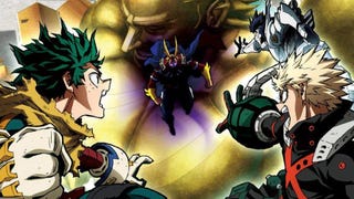 A poster for My Hero Academia: You're Next showing Midoriya, Bakugo, and Iida all in their hero outfits preparing to fight an evil-looking All Might.