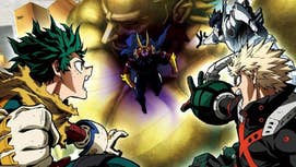 A poster for My Hero Academia: You're Next showing Midoriya, Bakugo, and Iida all in their hero outfits preparing to fight an evil-looking All Might.