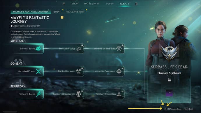 The Events menu, where players can redeem codes in Once Human, is shown