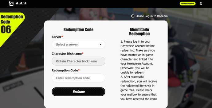ZZZ redemption code screen