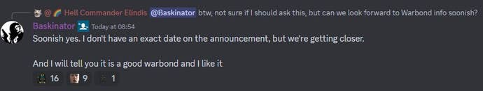 A screenshot of Helldivers 2 community manager Baskinator's Discord comment about warbond info.