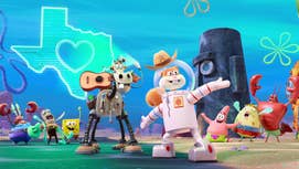 A CG rendering of Sandy Cheeks wearing a cowboy hat, a robot horse behind her with a hologram of Texas behind the both of them, various other SpongeBob SquarePants characters in the background.