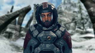 Starfield's Sam Coe standing in front of a Bleak Falls Barrow in Skyrim.