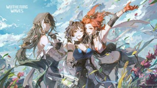 Three Wuthering Waves characters are shown in promotional artwork for the game. From left to right: Jianxin, Rover (F), and Chixia