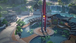 A wide shot of a Resonance Nexus in an attractive pond garden in a city in Wuthering Waves.