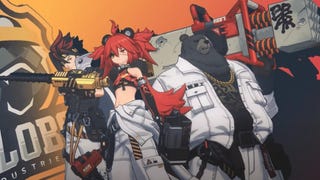 Anton, Koleda, and Ben pose against an orange background with their weapons and logo on display.