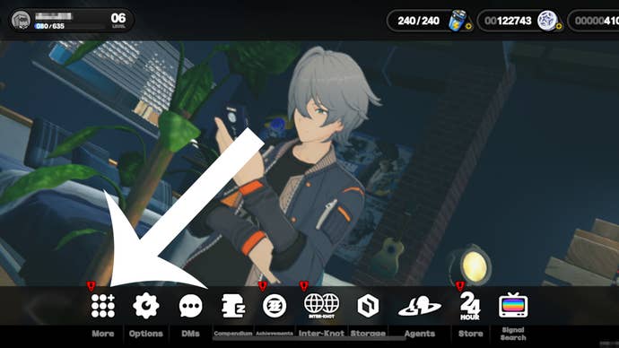 Arrow pointing at the More button in the in-game menu for Zenless Zone Zero.