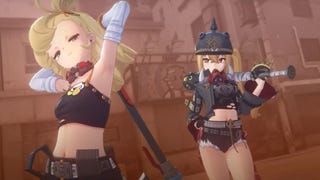 Piper and Lucy pose in their revealing biker outfits against a stylised orange-red background.
